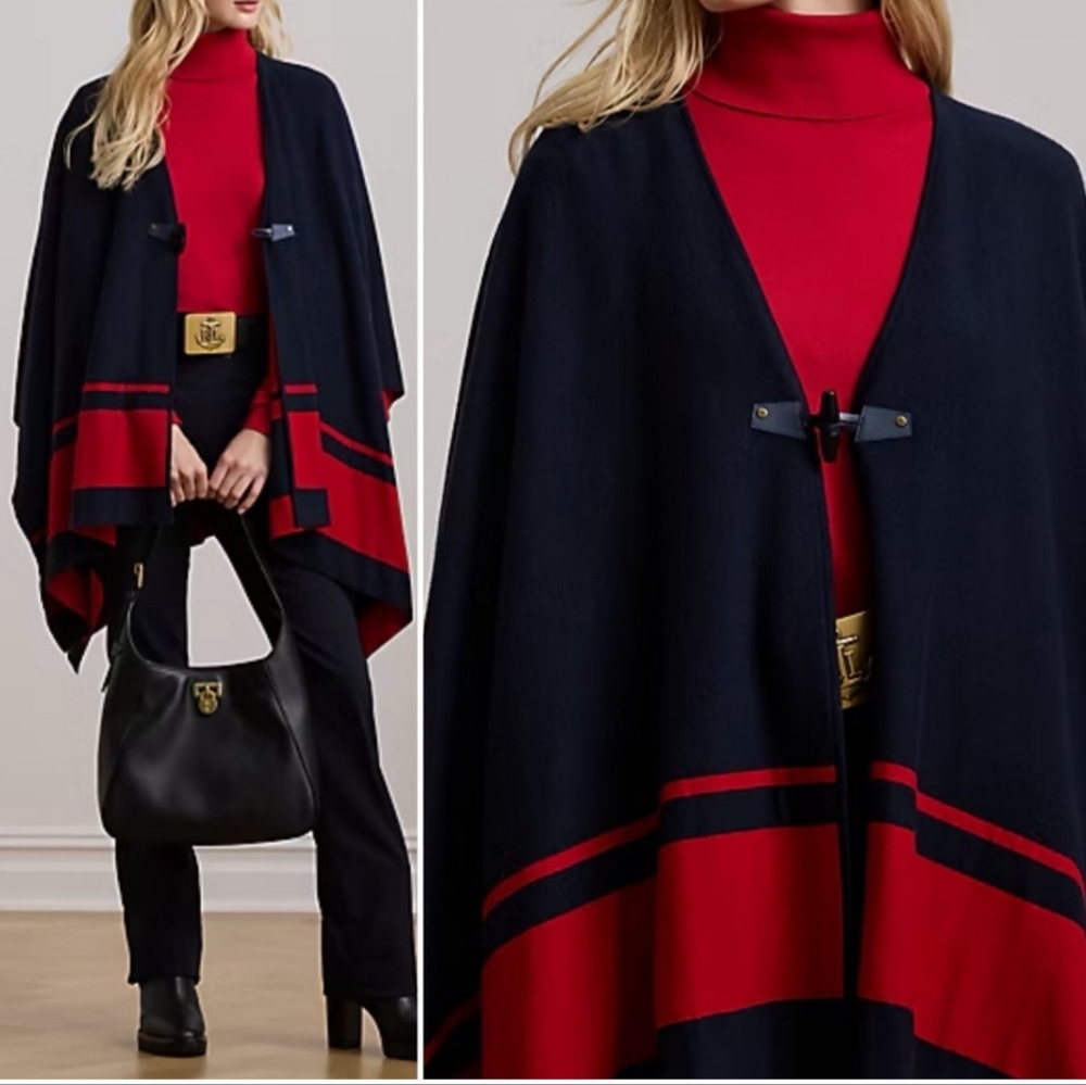 NWT Women Lauren RALPH LAUREN Intarsia-Knit Two-Tone Navy red Poncho